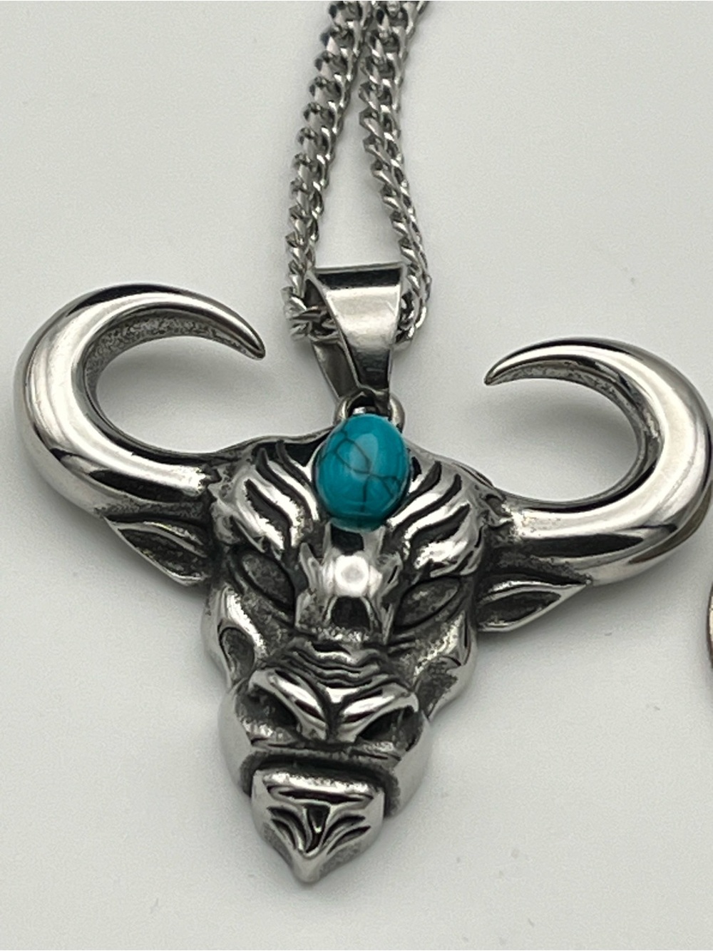 Men's Stainless Steel Bull Head Pendant Necklace with FauxTurquoise Stone